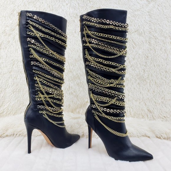 FINAL SALE Black Multiple Gold Chain 4.5" Heel Knee High Boot Last One - Picture 4 of 13